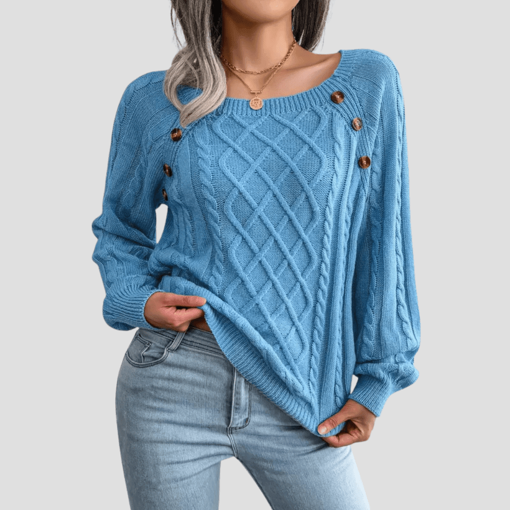 Women's Cable Knit Sweater with Shoulder Buttons