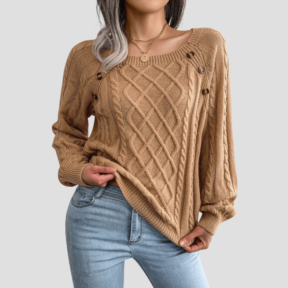 Women's Cable Knit Sweater with Shoulder Buttons