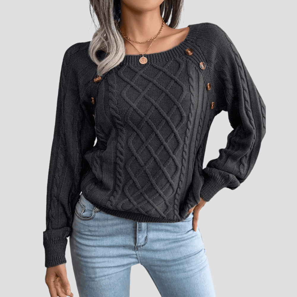 Women's Cable Knit Sweater with Shoulder Buttons