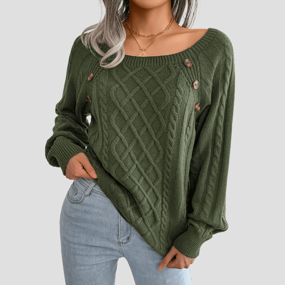 Women's Cable Knit Sweater with Shoulder Buttons
