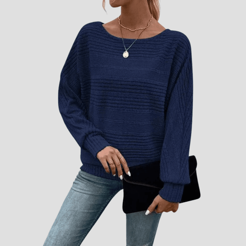 Women's Ribbed Knit Relaxed Fit Wide Neck Pullover
