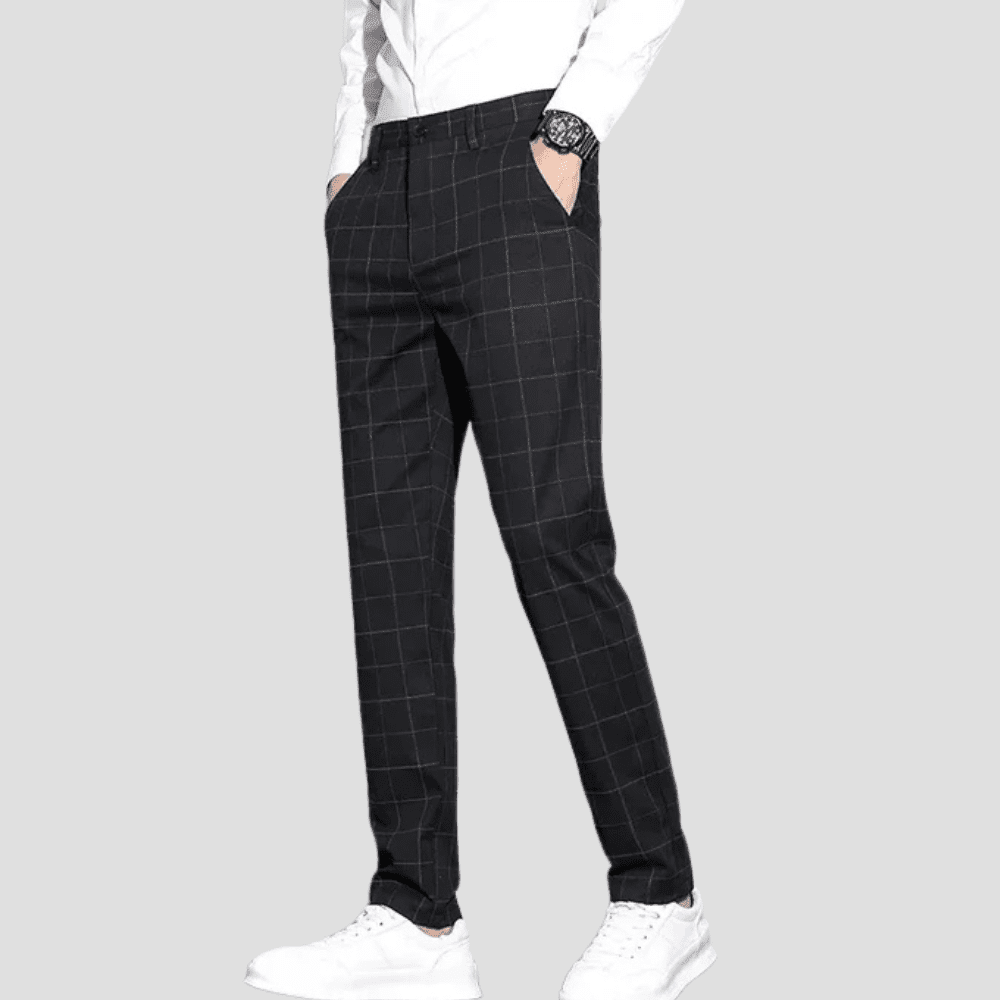 Men's Slim Fit Stretch Trousers with Check Pattern