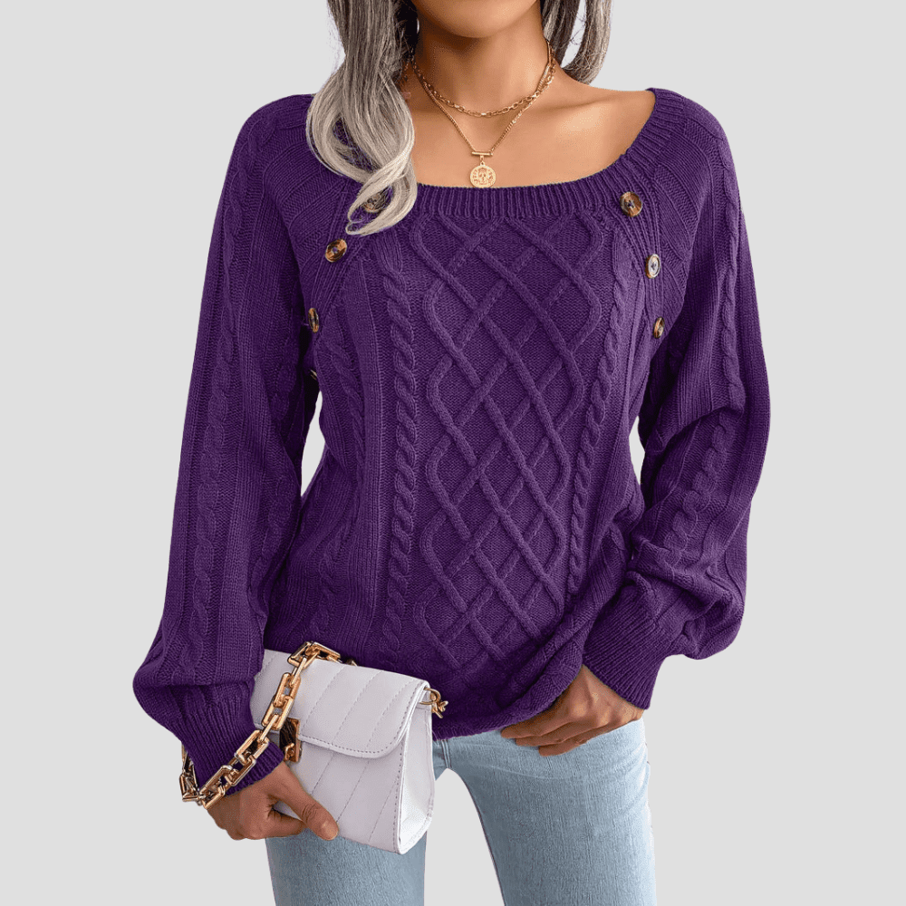 Women's Cable Knit Sweater with Shoulder Buttons