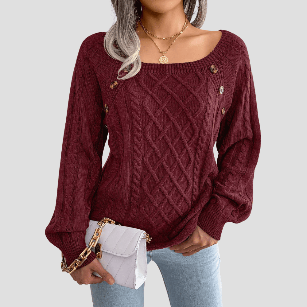 Women's Cable Knit Sweater with Shoulder Buttons