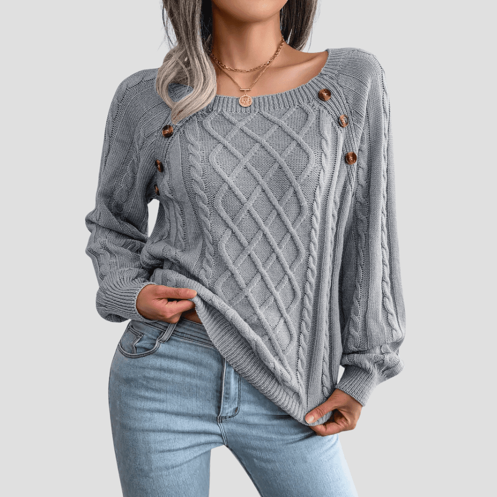 Women's Cable Knit Sweater with Shoulder Buttons