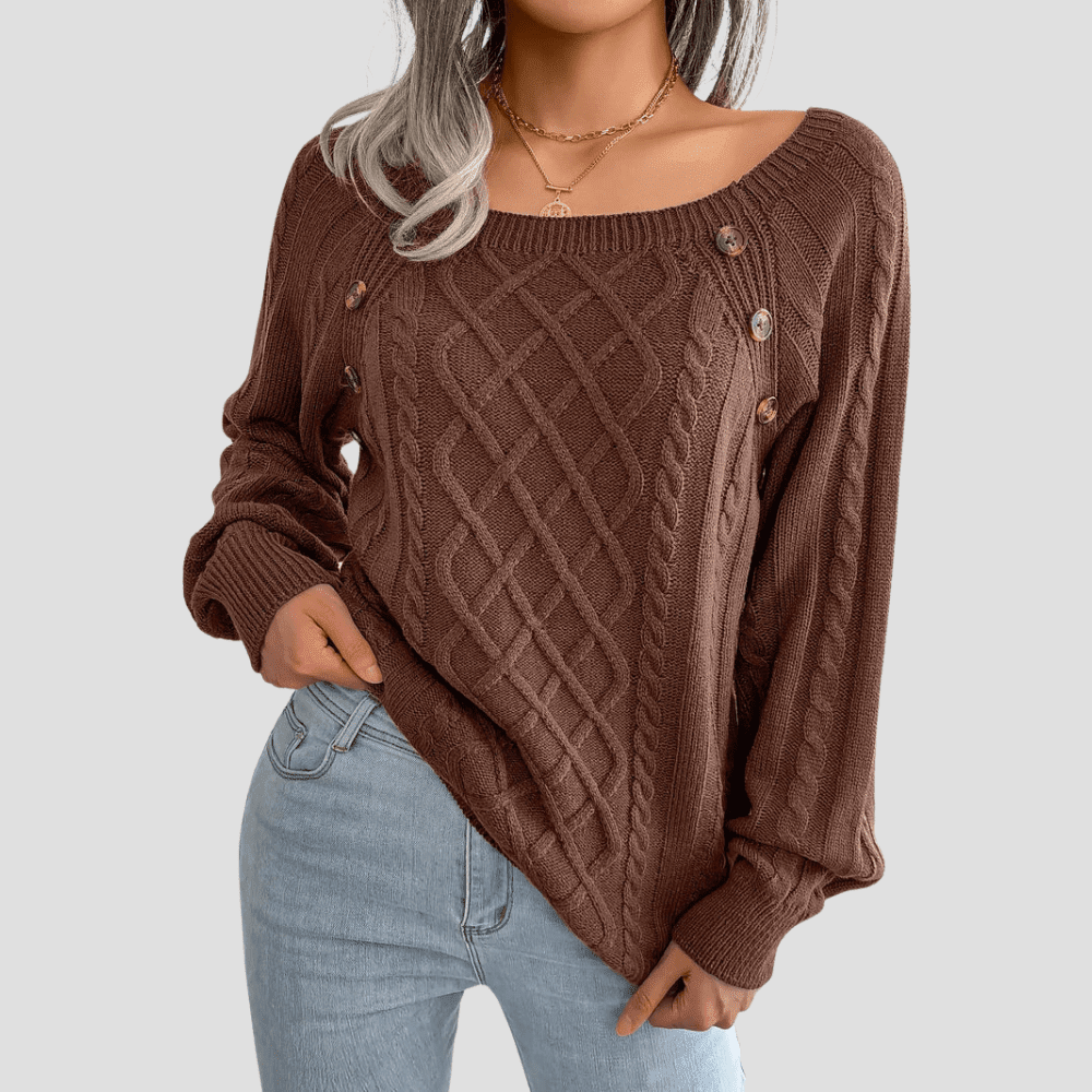 Women's Cable Knit Sweater with Shoulder Buttons