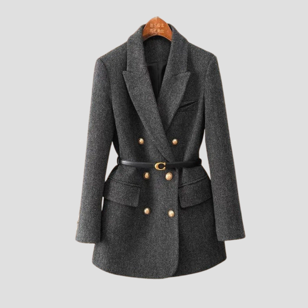  Women's Double-Breasted Herringbone Tweed Coat