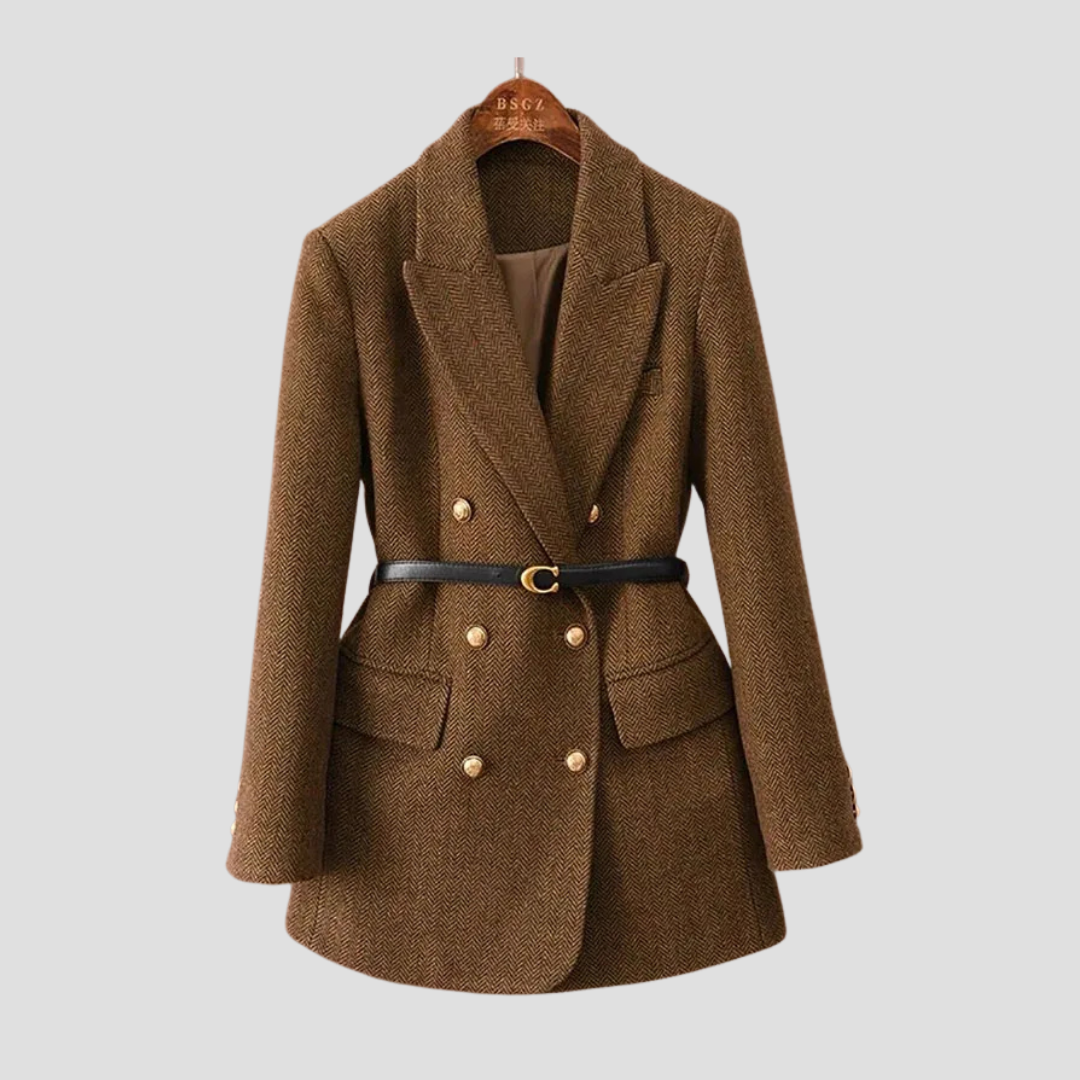  Women's Double-Breasted Herringbone Tweed Coat