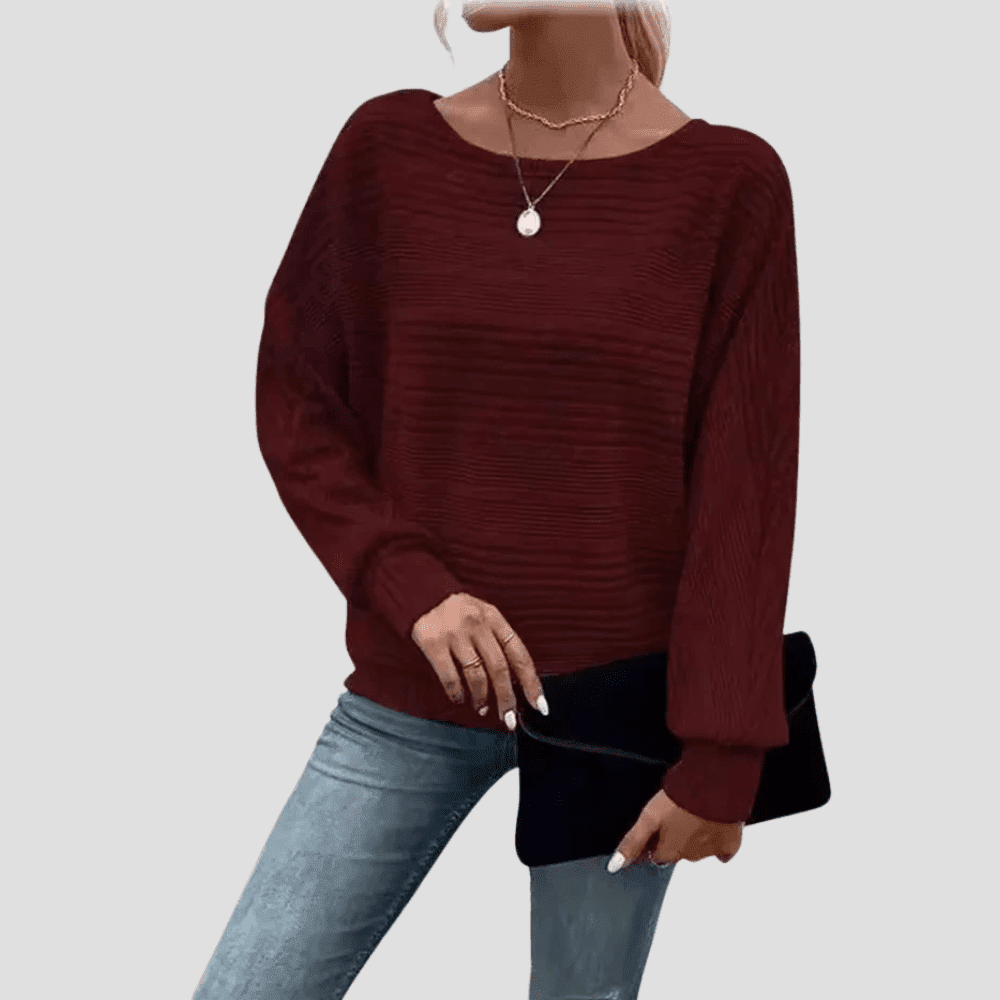 Women's Ribbed Knit Relaxed Fit Wide Neck Pullover